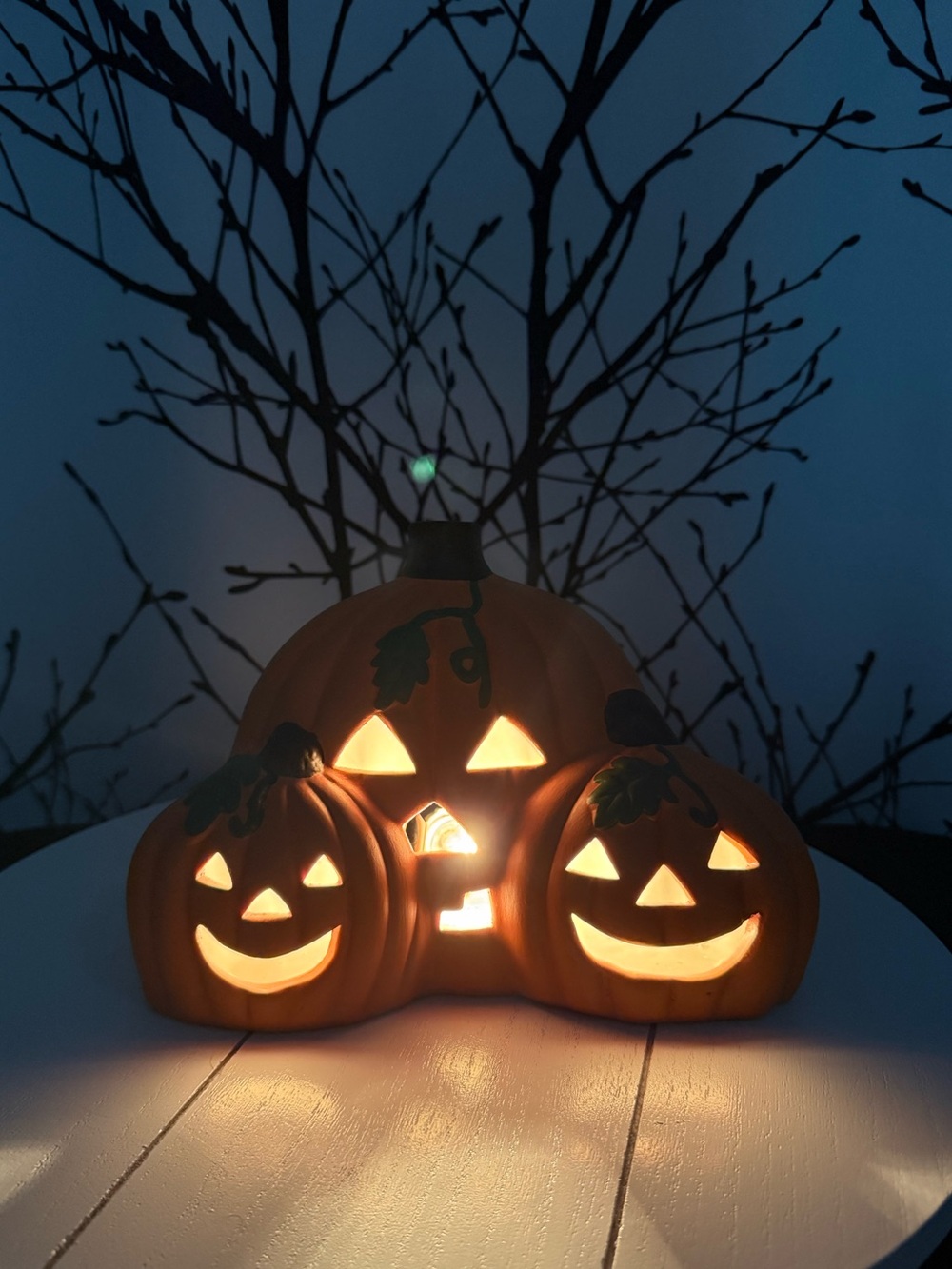 Halloween Three Pumpkin Light Lamp Jack O Lantern Ceramic 9 x 7 inches
